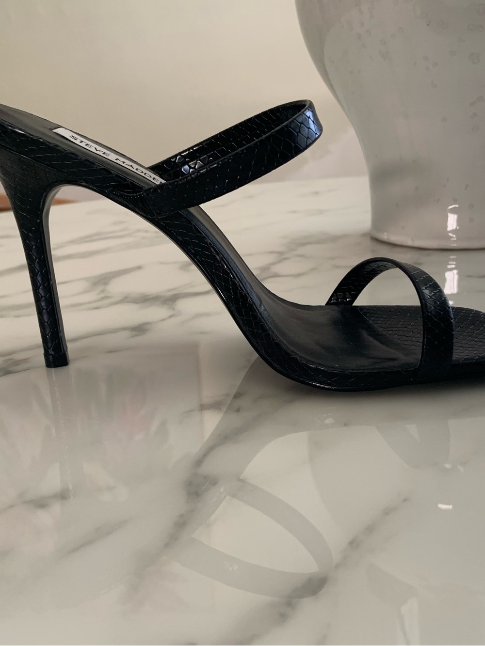 Steve Madden Black Snake-Embossed Strappy Stiletto Heels - Picture 4 of 7